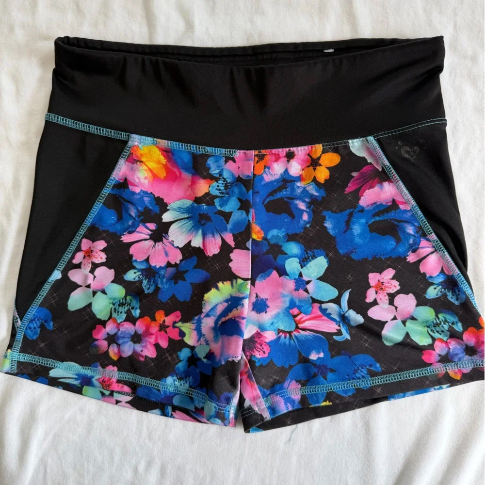 Justice Athletic Shorts black pink floral size 14